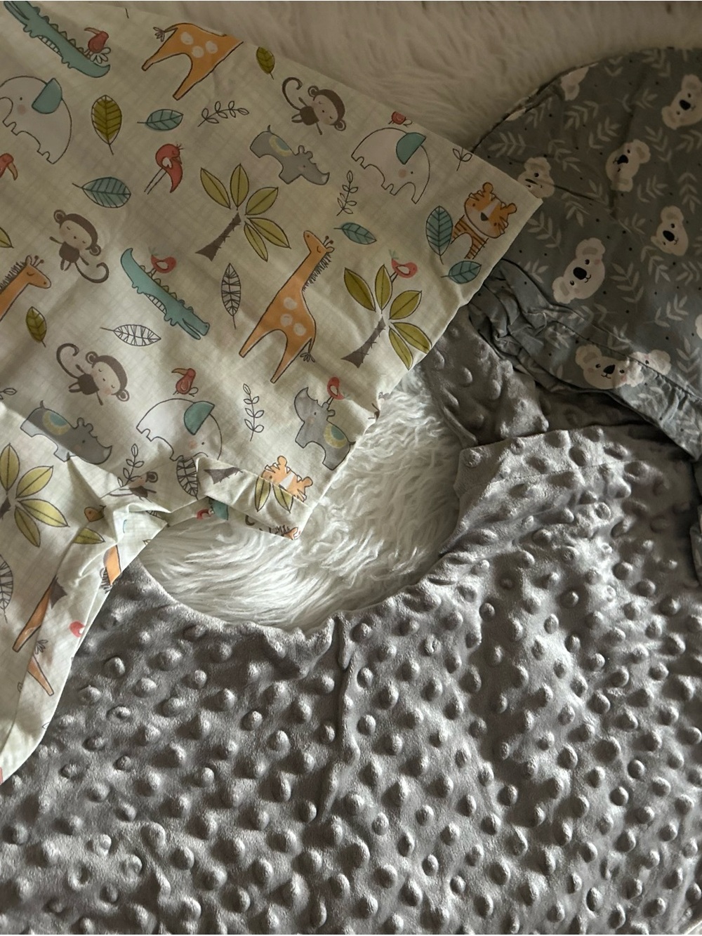 Gray and Cream Baby Bedding Set with Safari Print Boppy pillow nursing cover